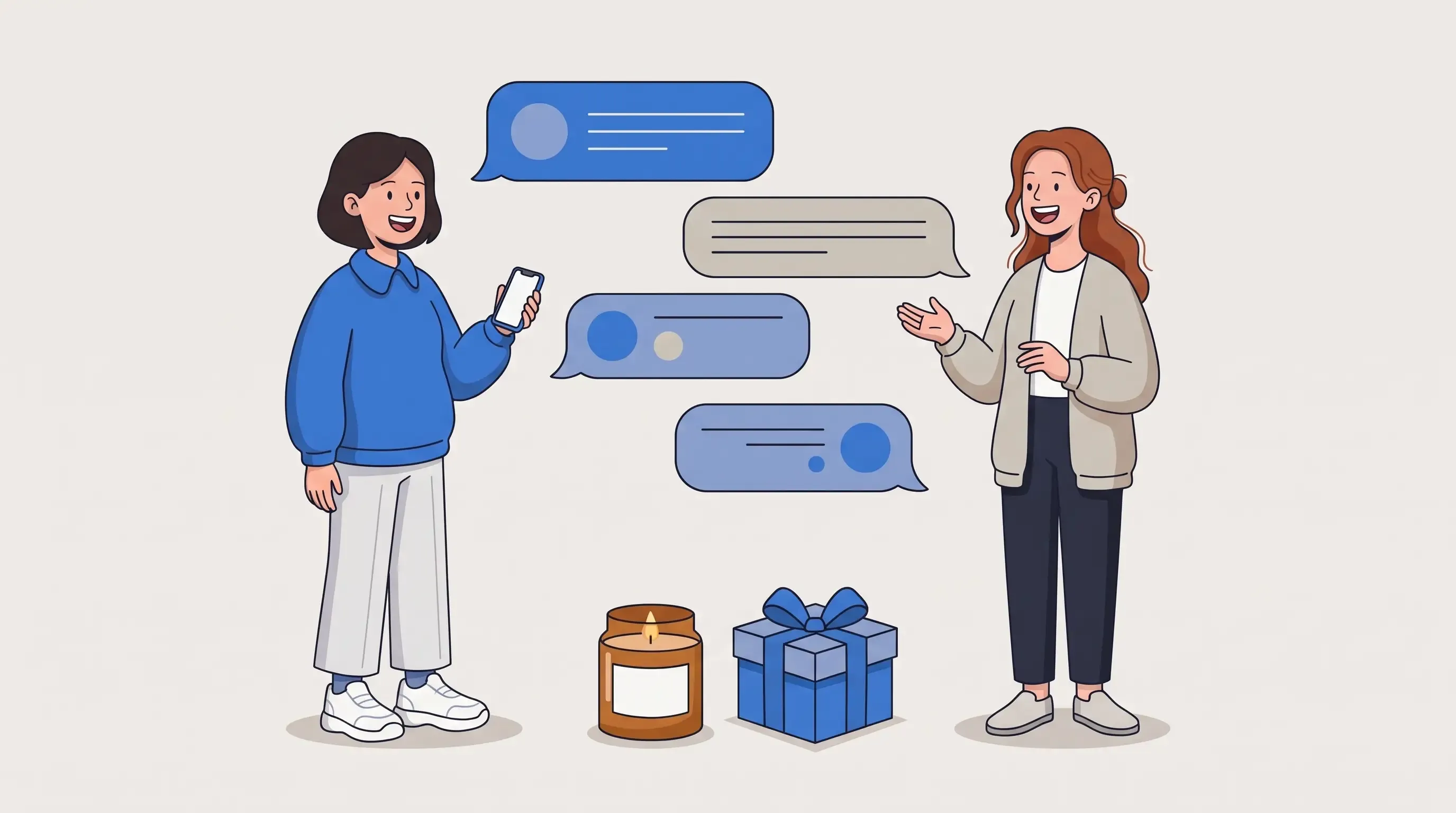 Illustration: a shopper in a blue sweater and a smiling shop owner text each other, with chat bubbles floating between them above a candle and a gift box.