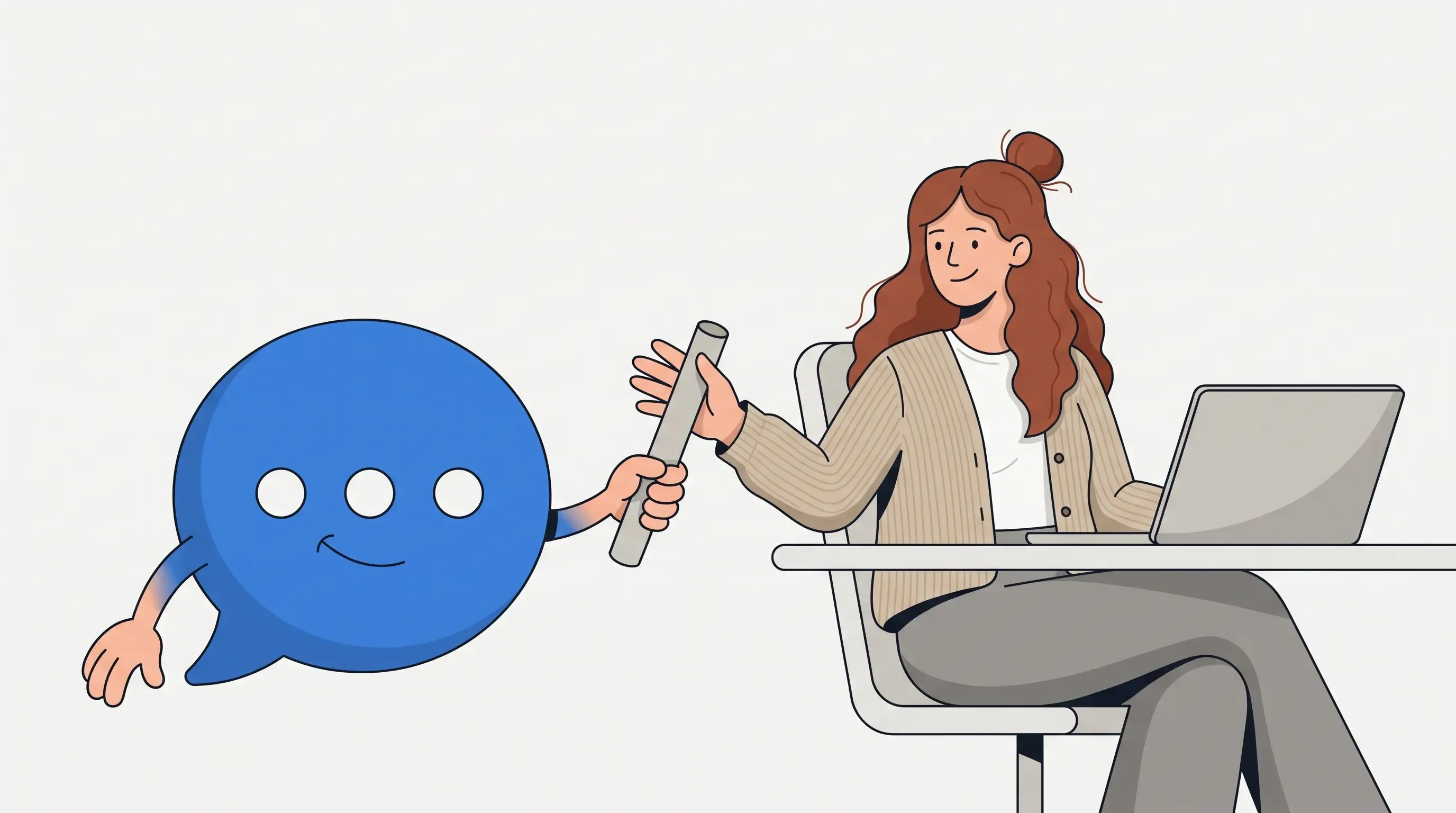 Illustration: a smiling blue chat bubble with typing dots hands a baton to a shop owner working at her laptop.