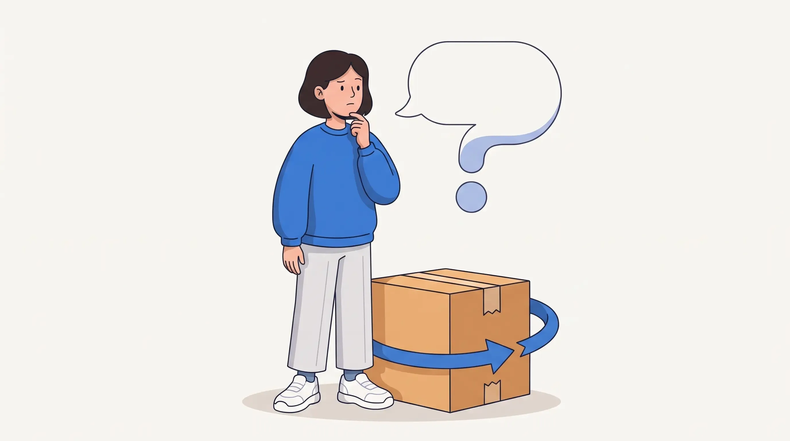 Illustration: a thoughtful shopper beside a parcel wrapped in a circular arrow, under an empty speech bubble with a question mark.