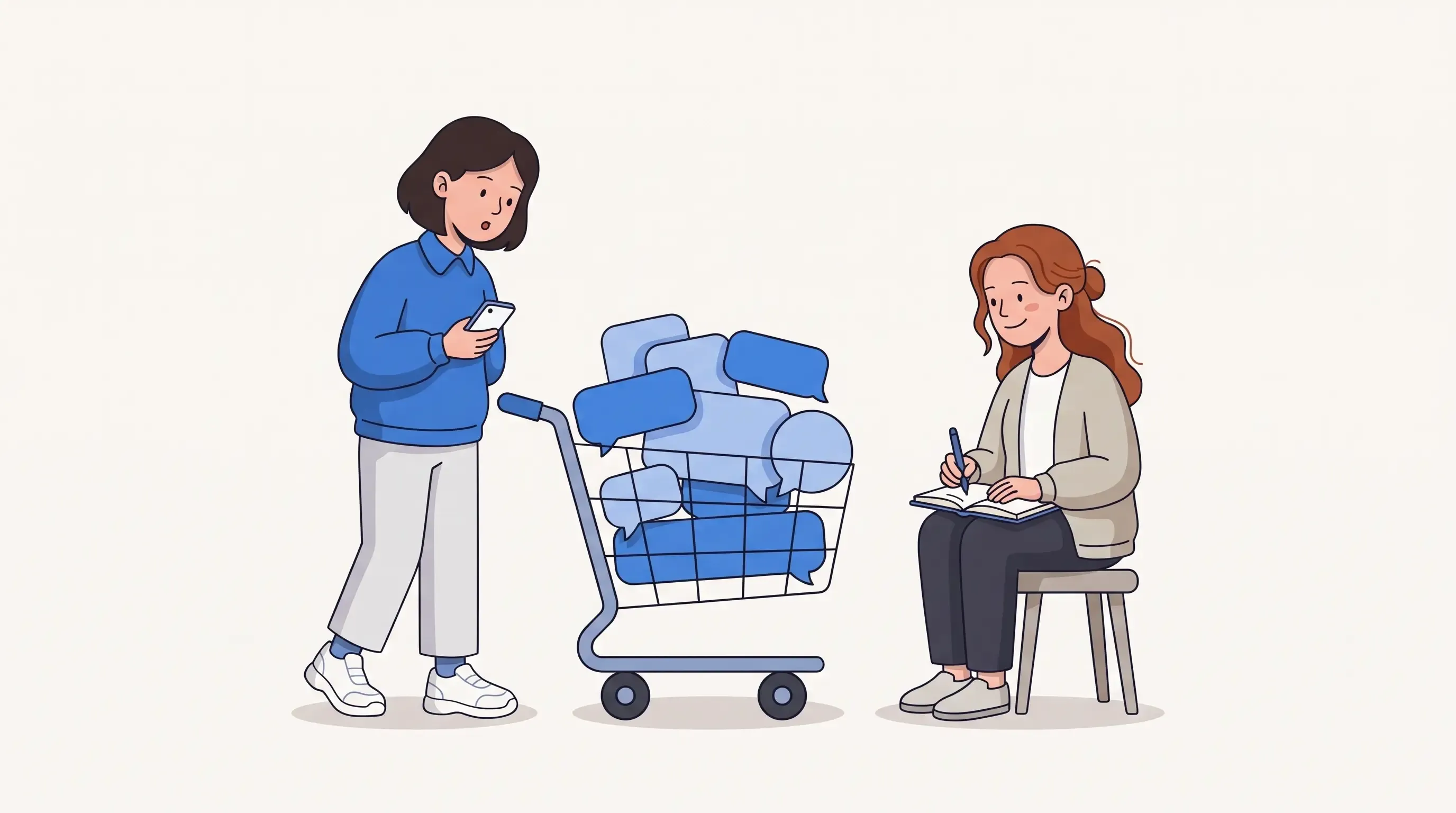 Illustration: a shopper reading her phone pushes a shopping cart full of chat bubbles while the shop owner takes notes.